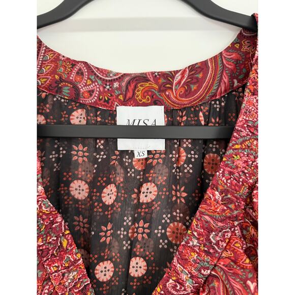 $295 MISA Women's Red Paisely Print Deep V-Neck Blouse Top Size XS - Picture 5 of 7